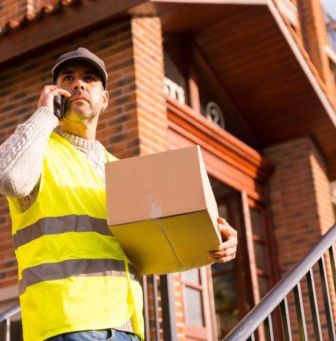 Package delivery man from an online store, with a box in hand looking for the customer calling by phone